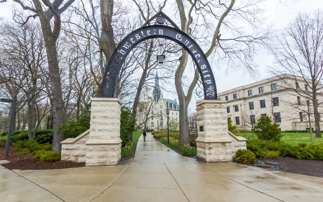 Weber Arch and University Hall at Northwestern University in Evanston, Illinois, April 2016.