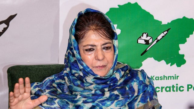 Peoples Democratic Party (PDP) President Mehbooba Mufti addresses a press conference regarding the India-Pakistan conflict and the killing of civilians, at party headquarters in Srinagar.