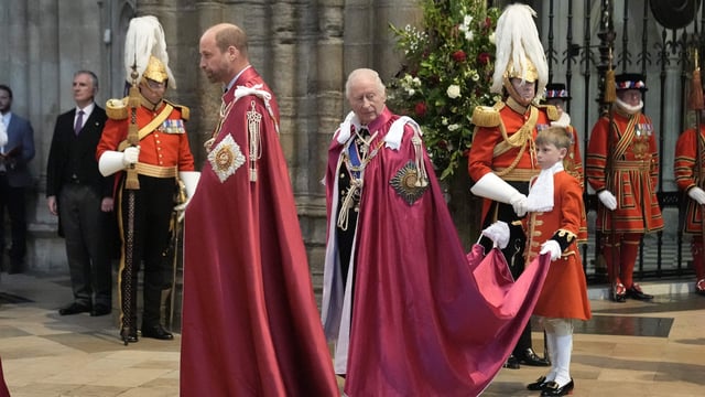 Britain's Prince William, Prince of Wales, Great Master of the Order, and Britain's King Charles III, Sovereign Head of the Most Honourable Order of the Bath, arrive for the Service for the Oath and Installation of the Great Master and the Knights Grand Cross at Westminster Abbey in London on May 16, 2025, in the Order�s 300th anniversary year. The Service for the Order of the Bath takes place every four years. The Order is a revival of an older custom dating back to medieval times when part of the ceremony of knighthood included a ritual bath symbolic of spiritual purification and a vigil the night before receiving the honour. (Photo by Stefan Rousseau / POOL / AFP)