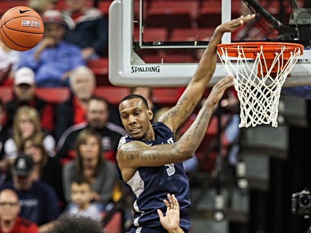 13 March 2014 : Utah State Aggies center Jarred Shaw (5) reacts after missing a ally op dunk attempt during the game between Utah State Aggies and San Diego State Aztecs in the quarter finals of the Mountain West Conference tournament at the Thomas & Mack Center in Las Vegas, Nevada. (Photo by Steve Conner/Icon SMI/Corbis/Icon Sportswire via Getty Images)