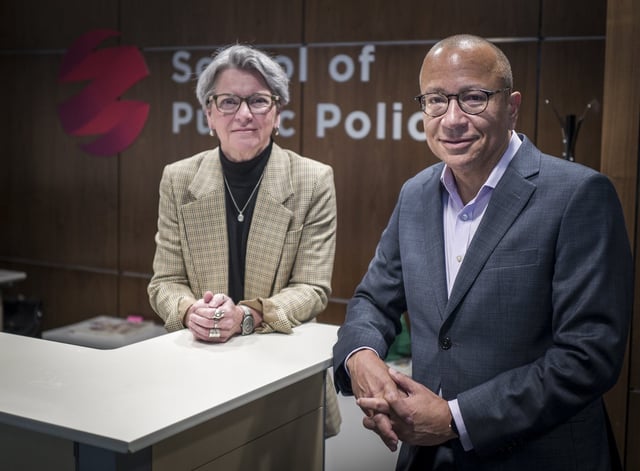 Martha Hall Findlay, left, chair of the University of Calgary School of Public Policy, and Carlo Dade, an international policy director at the school, in Calgary on Wednesday, May 14, 2025. THE CANADIAN PRESS/Jeff McIntosh