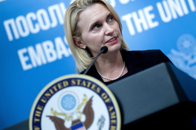 Former US Ambassador to Ukraine Bridget Brink introduces US Secretary of State Antony Blinken (unseen) prior he speaks to staff and families at the US Embassy in Kyiv, Ukraine on September 6, 2023. BRENDAN SMIALOWSKI/Pool via REUTERS