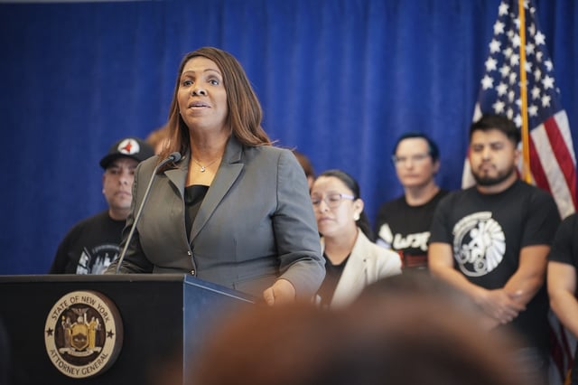 Attorney General Letitia James speaks during a press conference at the Office of the New York State Attorney General on February 24, 2025.