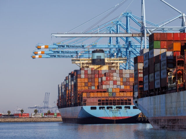 LOS ANGELES, CA - MAY 9, 202:  Container ships are among the few unloaded and loaded at the Port of Los Angeles on May 9, 2025 in Los Angeles, California. Trump's tariff's are plunging volume as much as 35% as ships from China cancel their trips to the Port of Los Angeles.(Gina Ferazzi / Los Angeles Times via Getty Images)