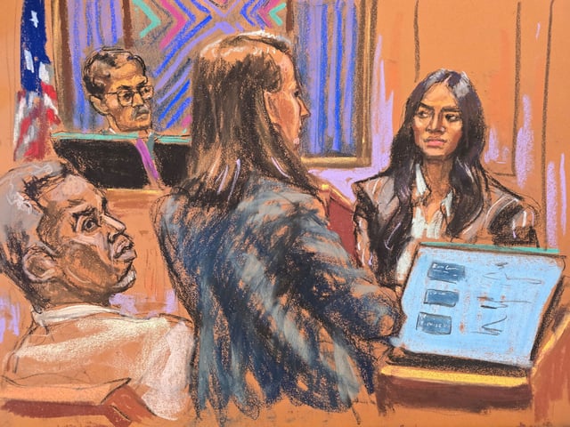 Lawyer Anna Estevao cross examines Casandra "Cassie" Ventura as Judge Arun Subramanian presides during Sean "Diddy" Combs' sex trafficking trial in New York City, New York, U.S., May 16, 2025 in this courtroom sketch.
