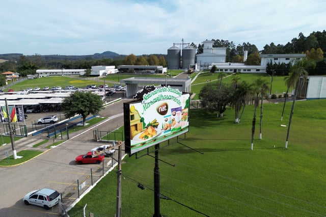 A drone view shows the installations of Vibra Foods, a Brazilian operation backed by Tyson Foods TSN.N, after Brazil's first outbreak of bird flu was identified at a poultry farm supplying Vibra Foods, in Montenegro, Brazil May 16, 2025. The writing on the sign reads " Naturally healthy wonderfully." REUTERS/Diego Vara