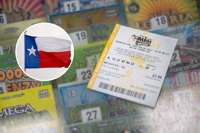 Stock photograph showing a lottery ticket on a Chevron gas station countertop on July 28, 2022 in Houston, Texas (main) and the Texas state flag during the first round of the Valero Texas Open at TPC San Antonio on March 30, 2023 in San Antonio, Texas (insert).