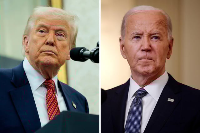 President Donald Trump speaks at the White House on May 7, 2025 in Washington, D.C. Former President Joe Biden speaks at the White House on May 31, 2024.