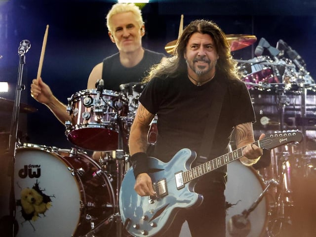 Dave Grohl and drummer Josh Freese perform with the Foo Fighters at Fenway Park on July 21, 2024.