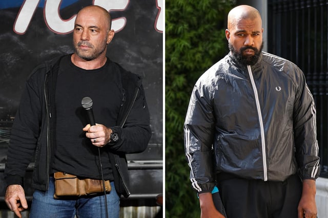 (L) Joe Rogan performs during his appearance at The Ice House Comedy Club on July 11, 2018 in Pasadena, California. (R) Kanye West is seen on March 21, 2024 in Los Angeles, California.