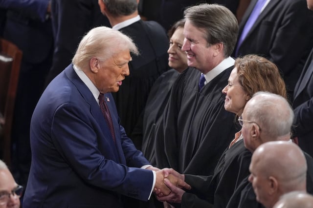 President Donald Trump greets justices of the Supreme Court, from left, Elena Kagan, Bret Kavanaugh, and Amy Coney Barrett, before addressing a joint session of Congress, at the Capitol in Washington, Tuesday, March 4, 2025.