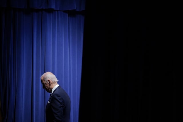 Former president Joe Biden departs after announcing his administration&#39;s plans to eliminate junk fees for consumers, Wednesday, Oct. 26, 2022, in the South Court Auditorium on the White House campus in Washington.