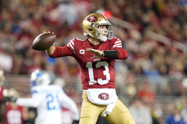 December 30, 2024; Santa Clara, California, USA; San Francisco 49ers quarterback Brock Purdy (13) passes the football against the Detroit Lions during the first quarter at Levi's Stadium. Mandatory Credit: Kyle Terada-Imagn Images/File Photo