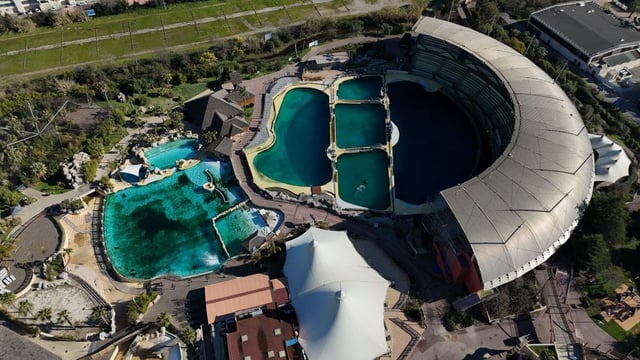 An aerial view of the now-closed Hotel Marineland in Antibes, France on February 15, 2025. 