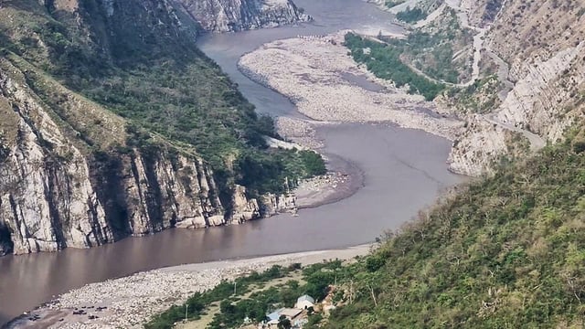 A view of the Chenab River as the water level drops after the closure of the gates of the Salal Dam, in Reasi.