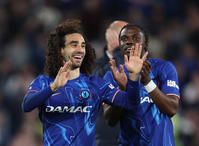 Soccer Football - Premier League - Chelsea v Manchester United - Stamford Bridge, London, Britain - May 16, 2025 Chelsea's Marc Cucurella and Romeo Lavia celebrate after the match Action Images via Reuters/Paul Childs EDITORIAL USE ONLY. NO USE WITH UNAUTHORIZED AUDIO, VIDEO, DATA, FIXTURE LISTS, CLUB/LEAGUE LOGOS OR 'LIVE' SERVICES. ONLINE IN-MATCH USE LIMITED TO 120 IMAGES, NO VIDEO EMULATION. NO USE IN BETTING, GAMES OR SINGLE CLUB/LEAGUE/PLAYER PUBLICATIONS. PLEASE CONTACT YOUR ACCOUNT REPRESENTATIVE FOR FURTHER DETAILS..