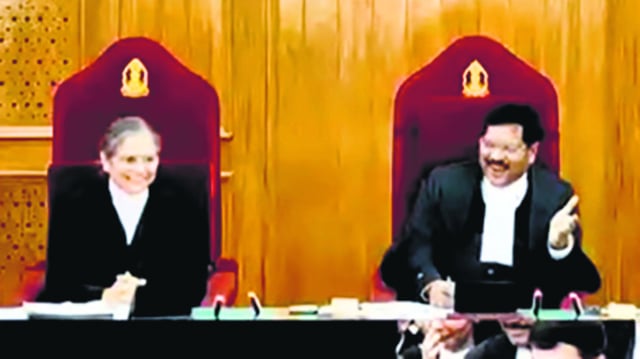 Chief Justice of India BR Gavai presides over the ceremonial bench held to honour justice Bela M Trivedi on her last working day at the Supreme Court on Friday. (ANI)
