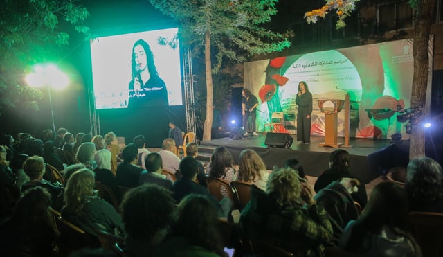 Avigail Shorr speaks at an Israeli-Palestinian Nakba Day commemoration in the West Bank, May 15, 2025. (Steven Davidson)