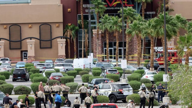 Las Vegas police investigate after an officer-involved shooting that left a suspect dead at Las Vegas Athletic Club on North Rainbow Boulevard in Las Vegas Friday on May 16, 2025. (K.M. Cannon/Las Vegas Review-Journal/TNS)