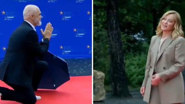 Albanian PM Edi Rama welcomes Italian PM Giorgia Meloni. 