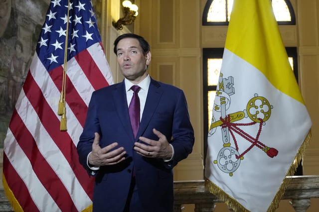 Secretary of State Marco Rubio, speaks to the media during a meeting with President of the Conference of Italian Bishops, Cardinal Matteo Zuppi at the U.S. Embassy to the Holy See in Rome, Saturday, May 17, 2025. (AP Photo/Gregorio Borgia)