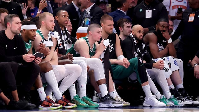 May 16, 2025; New York, New York, USA; Boston Celtics players watch from the bench during the end of the fourth quarter of game six in the second round of the 2025 NBA Playoffs against the New York Knicks at Madison Square Garden. Mandatory Credit: Brad Penner-Imagn Images