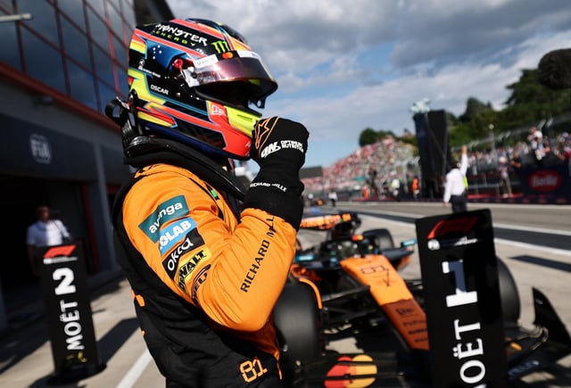 Formula One F1 - Emilia Romagna Grand Prix - Autodromo Enzo e Dino Ferrari, Imola, Italy - May 17, 2025 McLaren's Oscar Piastri celebrates after qualifying in pole position REUTERS/Jakub Porzycki
