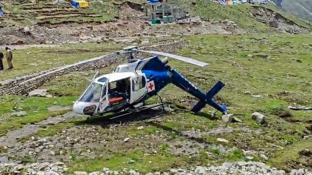 Helicopter of AIIMS Rishikesh's heli ambulance service crash-landed in Kedarnath due to damage to the rear part of the helicopter, in Rudraprayag on Saturday. 