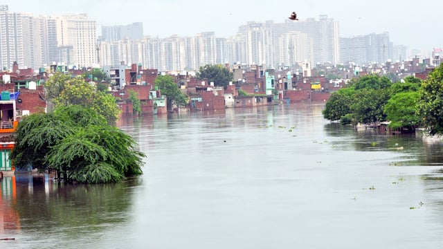 Many houses constructed on floodplains of river Hindon near Chijarsi and Behrampur have inundated due to high water discharge. 
