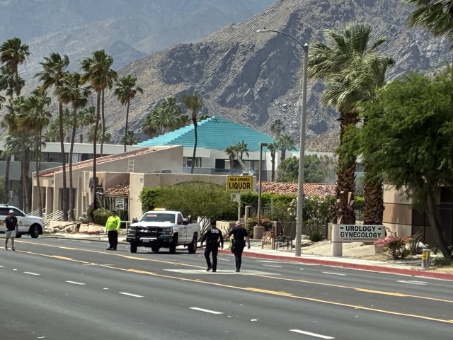 Public safety officials on the scene of an apparent explosion in downtown Palm Springs on Saturday, May 17, 2025.