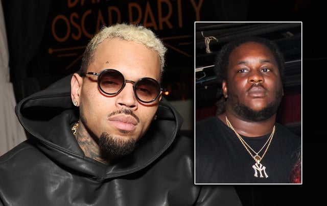 Rapper HoodyBaby (inset) has been charged over an alleged assault that occurred in London back in 2023, just days after R&amp;B star Chris Brown (main) was arrested in connection with the same incident. (Getty Images)
