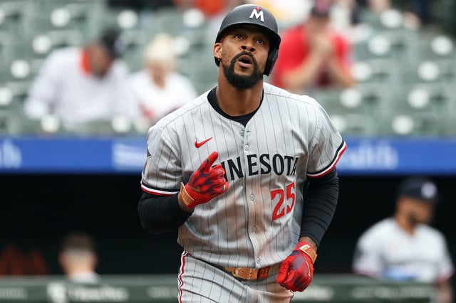 May 14, 2025; Baltimore, Maryland, USA; Minnesota Twins outfielder Byron Buxton (25) celebrates during the fourth inning against the Baltimore Orioles at Oriole Park at Camden Yards. Mandatory Credit: Daniel Kucin Jr.-Imagn Images/File Photo