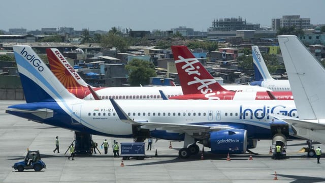 Mumbai, India - May 28, 2020: Planes parked at The Chatrapati Shivaji Maharaj International Airport. A media tour was conducted witness the preparedness at CSMIA post resuming its domestic air service operation in Mumbai, India, on Thursday, May 28, 2020. (Photo by Satyabrata Tripathy/Hindustan Times) (Satyabrata Tripathy/HT Photo)