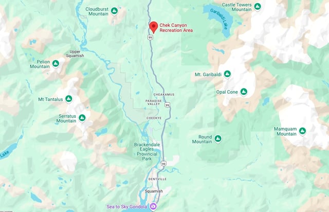 The Chek Canyon area is just north of Squamish, where a woman died Friday.