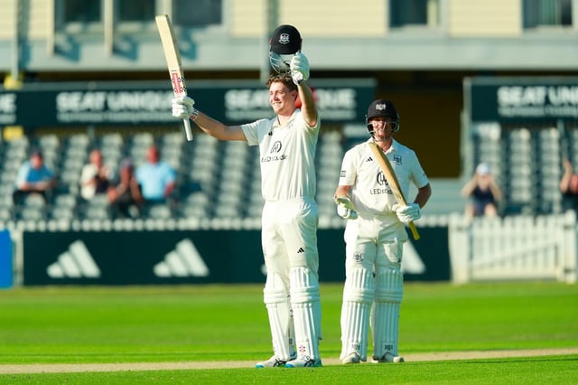 Cam Green celebrates his second County century for Gloucestershire against Kent.