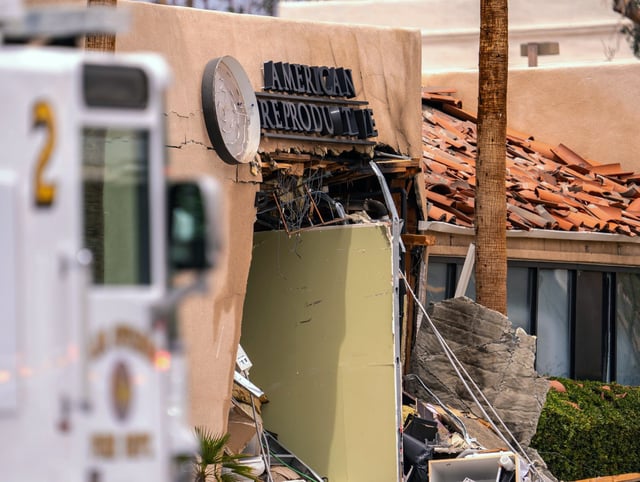 The side of American Reproductive Centers clinic is seen after an explosion being investigated by law enforcement as an intentional act of violence in Palm Springs on Saturday, May 17, 2025.