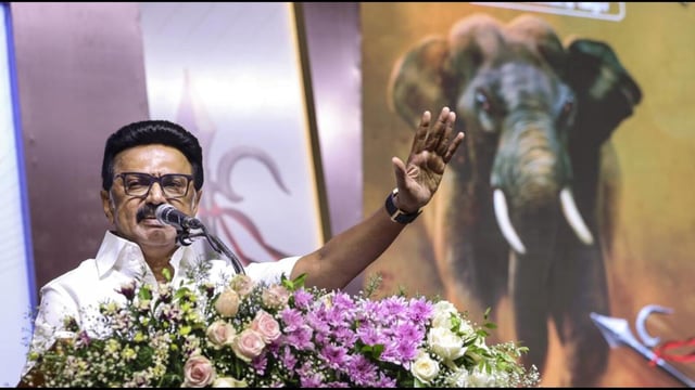 Tamil Nadu chief minister MK Stalin addresses the gathering during a book release function in Chennai on Saturday. (PTI)