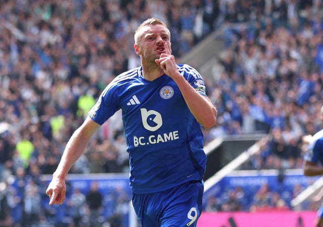 Soccer Football - Premier League - Leicester City v Ipswich Town - King Power Stadium, Leicester, Britain - May 18, 2025  Leicester City's Jamie Vardy celebrates scoring their first goal Action Images via Reuters/Craig Brough