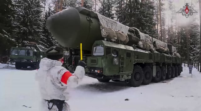 In this photo taken from a video distributed by Russian Defense Ministry Press Service on Thursday, February 6, 2025, a Yars mobile nuclear-tipped intercontinental ballistic missile is seen during drills at an undisclosed location in Russia.