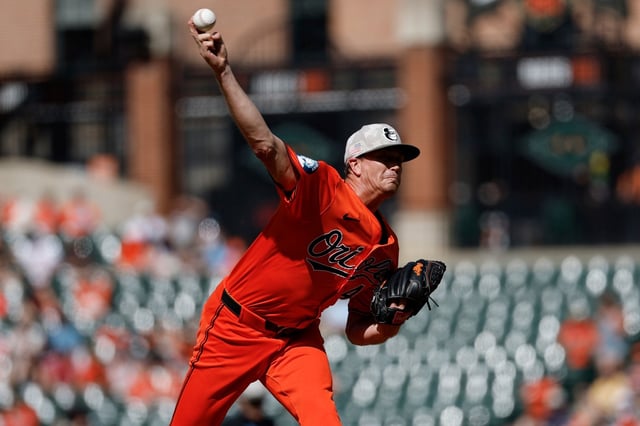 Baltimore Orioles pitcher Kyle Gibson throws during the first inning of a baseball game against the Washington Nationals in Baltimore, Saturday, May 17, 2025. (AP Photo/Terrance Williams)