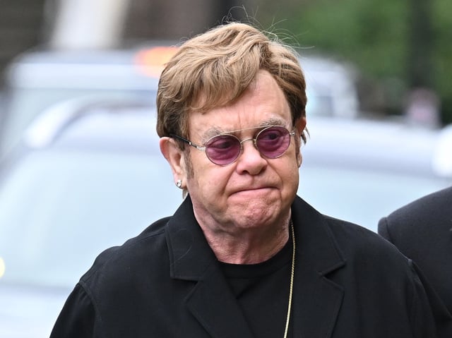 LONDON, ENGLAND - FEBRUARY 2: Elton John and David Furnish attend the funeral of Derek Draper at St Mary the Virgin Church, on February 2, 2024 in London, England. (Photo by Leon Neal/Getty Images)