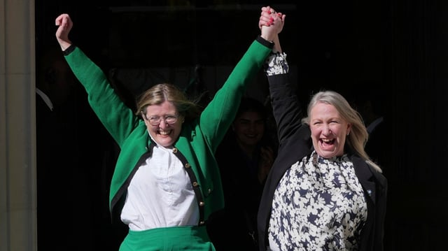 Susan Smith, left, and Marion Calder, of For Women Scotland, celebrate after the Supreme Court ruling last month
