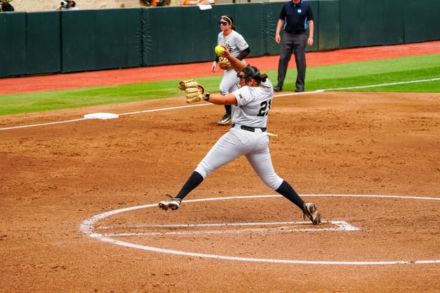 UCF pitcher Isabella Vega delivers a pitch during the first inning of the championship game of the Austin Regional against No. 6 Texas on Sunday, May 18, 2025. (Photo courtesy of Ryan Ladika/UCF Athletics)