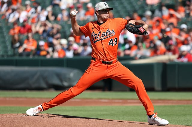 May 17, 2025; Baltimore, Maryland, USA; Baltimore Orioles pitcher Kyle Gibson (48) throws during the first inning against the Washington Nationals at Oriole Park at Camden Yards. Mandatory Credit: Daniel Kucin Jr.-Imagn Images