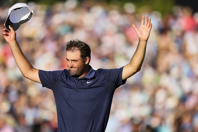 CHARLOTTE, NORTH CAROLINA - MAY 18: Scottie Scheffler of the United States celebrates on the 18th green after winning the 2025 PGA Championship at Quail Hollow Country Club on May 18, 2025 in Charlotte, North Carolina.