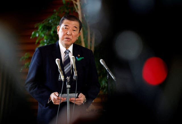 Japanese Prime Minister Shigeru Ishiba speaks to reporters at the prime minister’s official residence in Tokyo, Japan, 17 April 2025. FRANCK ROBICHON/Pool via REUTERS/File Photo