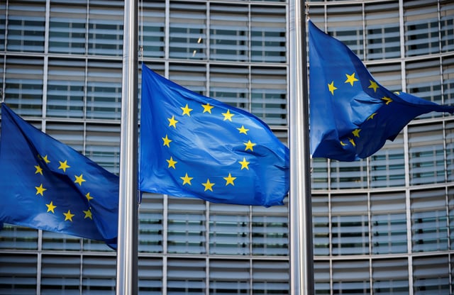 European Union flags fly outside the European Commission headquarters in Brussels, Belgium, March 1, 2023.REUTERS/Johanna Geron/ File Photo