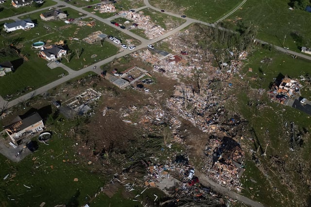 A path of destruction is seen on Sunday, in London, Kentucky, after storms moved through the area.