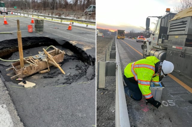 The February sinkhole in New Jersey (left) and workers scanning the service of the road following the sinkholes (right).