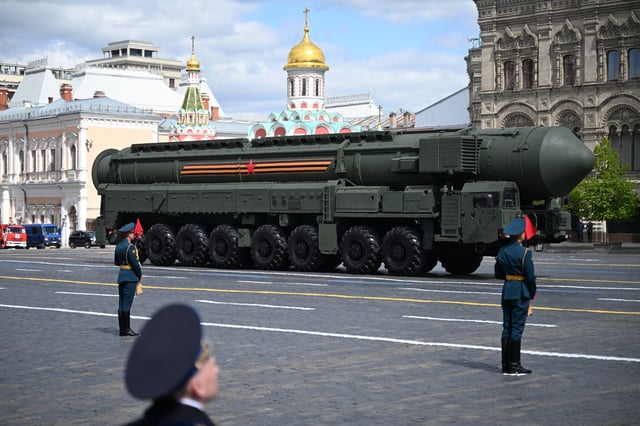 A RS-24 Yars intercontinental ballistic missile system drives across Red Square during the Victory Day military parade in central Moscow on May 9, 2025.